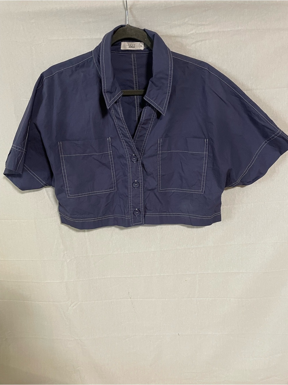 TALULAH Navy Button-Up Shirt with White Contrast Stitching
